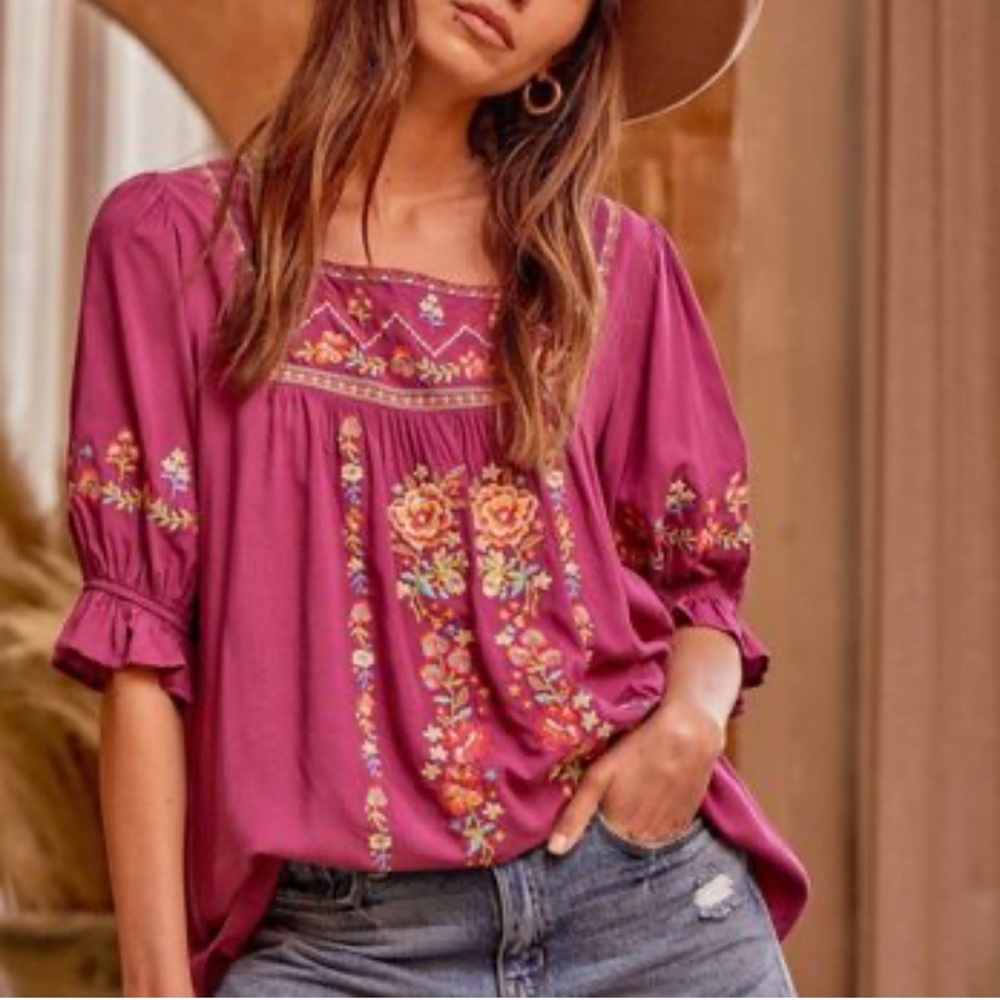 Savanna Jane Shirt Embroidery Floral Purple Women's Top Festival Boho Size Med - Picture 1 of 10